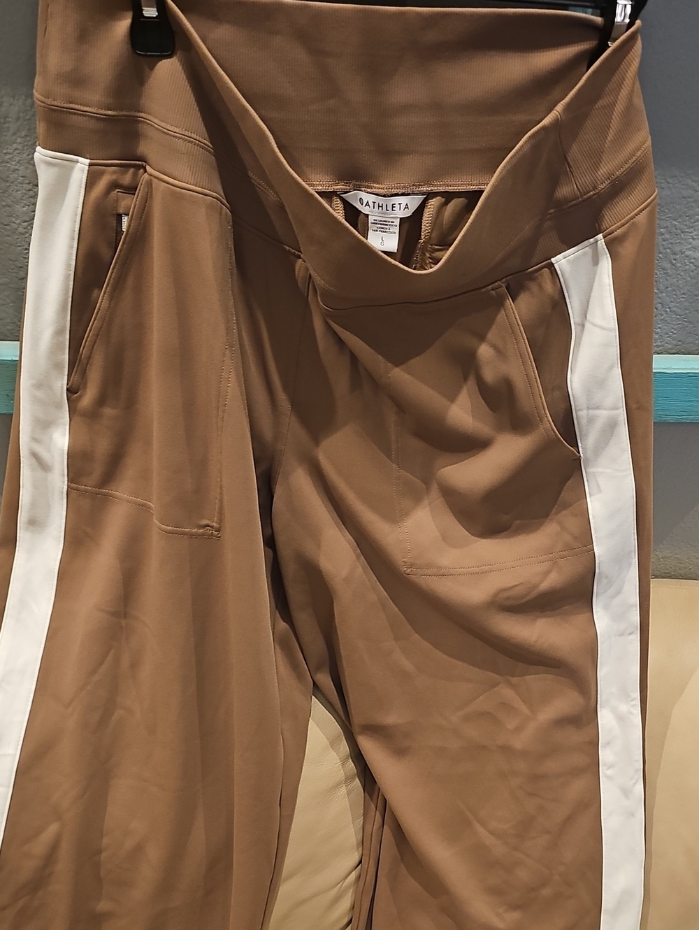 Athleta Camel Track Pants with White Side Stripe